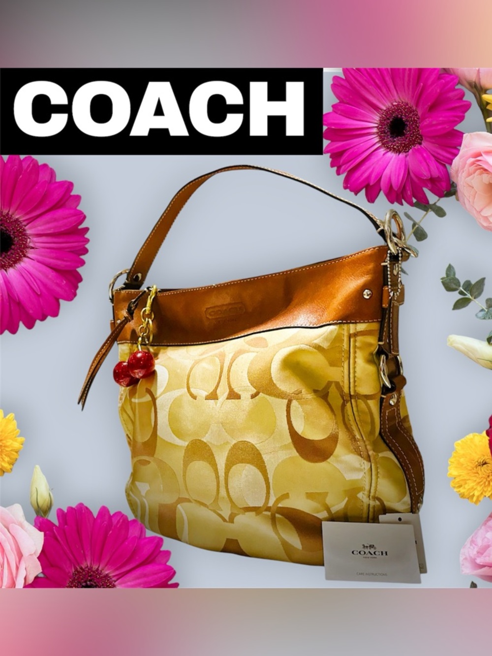 Rare vintage Coach soho Shoulder Bag Tan Signature Logo with Cherry Charm - Picture 5 of 17